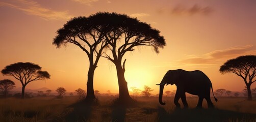 Fototapeta premium Majestic elephant silhouette in savannah landscape at sunset, nature, savannah, wildlife