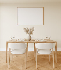 Frame mockup in Interior, Minimalist Dining Room Decor with a plant and a picture on the wall, 3D rendering
