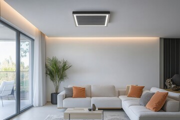 Modern apartment living room ceiling fan, balcony view