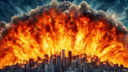 Catastrophic Cityscape with Explosive Fireball and Dark Cloud