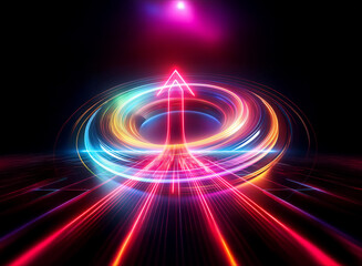 Double exposure image of vibrant light trails swirling around a central arrow pointing upwards against a dark background, creating a futuristic effect.