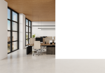 Free PNG wallpaper mockup in Interior, Modern Open Plan Office with transparent background, 3D rendering
