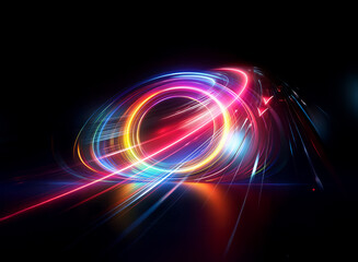 Double exposure effect revealing vibrant light trails swirling and dancing against a stark black backdrop, creating a dynamic and abstract composition.