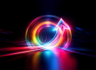 Vibrant double exposure effect featuring colorful light trails forming a circular arrow shape against a dark backdrop. Dynamic abstract design with glowing lines.
