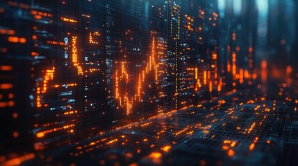 Digital Stock Market Data Wall, glowing orange, futuristic city background, financial tech