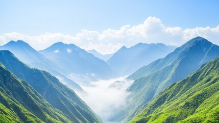 Obraz premium Serene Scene of Fog Rolling Over Lush Green Mountains in Clear Sky