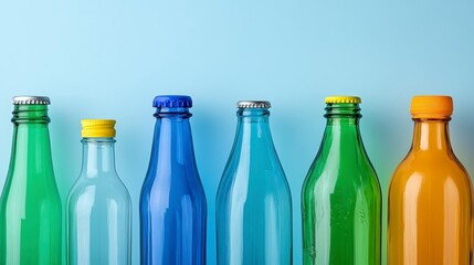 Colorful Empty Glass Bottles Arranged in a Line on Blue Background