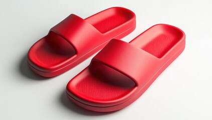 Minimalist footwear showcasing a pair of vibrant red slides on a pristine white backdrop in studio light
