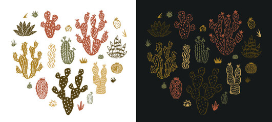 Set of hand drawn cacti and succulents in a heart shape. For emblems, stickers, posters, cards. Vector illustration in autumn colors © AZOGUE.art