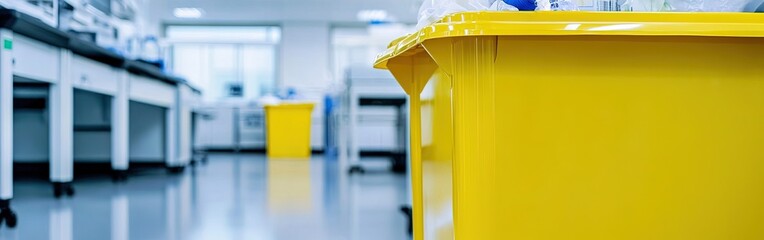 Bright yellow trash can in modern laboratory environment