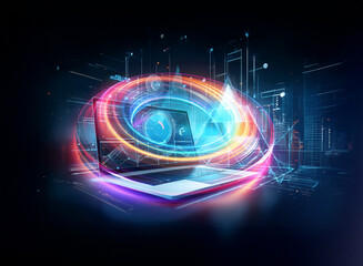 Fototapeta premium Laptop with double exposure effect, showcasing glowing lines and shapes, evoking a futuristic and digital technology concept.