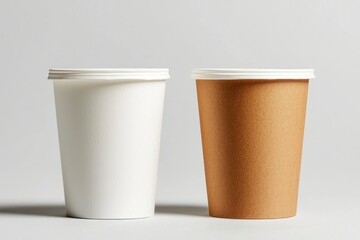 Pair of paper cups for hot drinks, white and brown, against a neutral backdrop