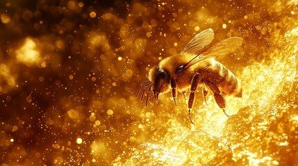 Fototapeta premium Golden Bee in Flight Pollination Nature Honey Insect Macro Photography