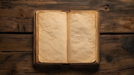Fototapeta premium Antique Book Open on Rustic Wood Surface, Blank Pages for Text or Image
