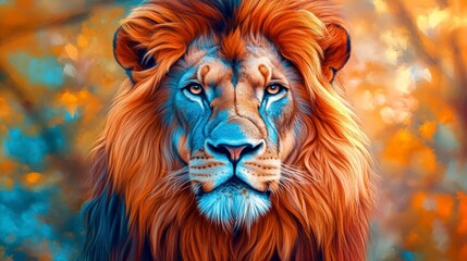 Fototapeta premium Majestic Lion Portrait Orange Blue Wildlife Animal King Nature Power Pride Majest