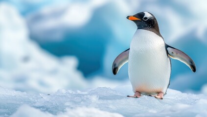 Naklejka premium Gentoo penguin standing proudly amidst the antarctic ice displaying vibrant plumage and confident posture