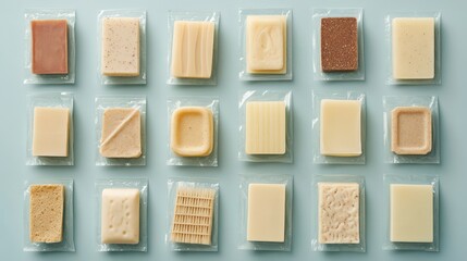 Fototapeta premium Exploring various types of artisanal soap bars kitchen table product photography indoor top-down view skincare concepts