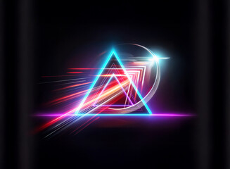 Vibrant neon triangle and abstract geometric shapes create a layered, dynamic effect on a dark backdrop, suggesting a double exposure style with light trails.