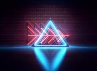 Neon blue triangle and red arrows create a double exposure effect on a brick wall. Vibrant, futuristic, and abstract design.