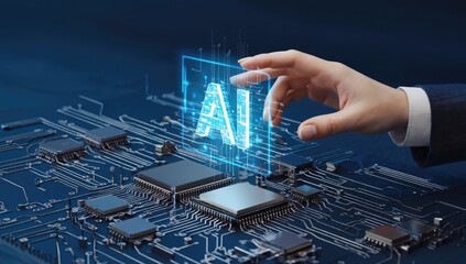 Digital AI Interface: A hand interacts with a glowing "AI" interface floating above a circuit board, symbolizing the intersection of artificial intelligence and technological advancement.