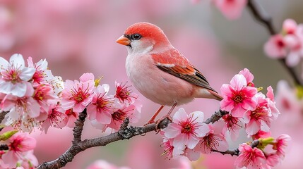 Pink Sparrow on Cherry Blossom Branch  Spring Bird  Nature Photography  Romantic Backgroun