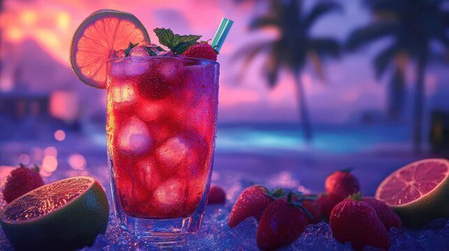 Refreshing summer cocktail with strawberries and lime on ice, vibrant sunset beach background