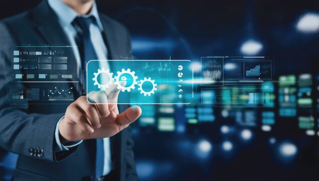 Digital Transformation: A modern businessman interacts with a holographic user interface, highlighting innovation, strategy and technological advancements for future development. 