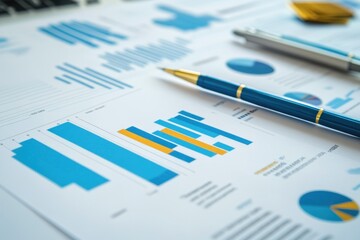 Financial Analysis: A close-up of business reports with charts and graphs, along with pens, suggesting financial analysis.