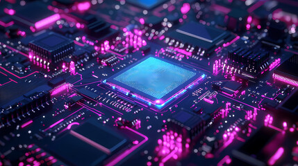 Obraz premium 3D Render of a Circuit Board with Glowing Core Processor