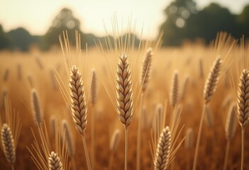 Fototapeta premium Timeless Harvest: Resinous, Retro-Inspired Image of Photorealistic Wheat Ears Backlit and Reflecting on a Lake, a Classic Symbol of Abundance.
