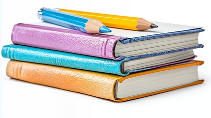 Colorful Notebooks and Pencils on White Background