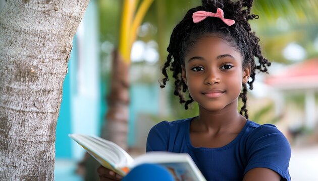 Girl reading book under palm tree