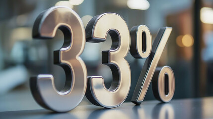 33% in metal letters on surface, reflective blurred background. Percentage of interest or discount