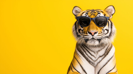 Obraz premium A tiger with dark glasses, yellow background