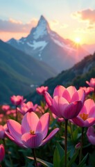 Obraz premium Soft pink petals unfolding against a backdrop of snow-capped mountains as morning sunlight creeps over the horizon, sunrise, flowers, serene