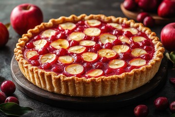 Delicious apple tart with a glossy red berry glaze, surrounded by fresh apples on a dark background