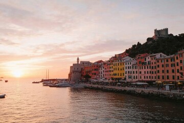 Fototapeta premium Colorful Italian coastal town at sunset