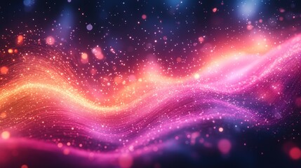 Fototapeta premium Pink, orange, purple energy wave; dark bokeh background; digital art; website banner