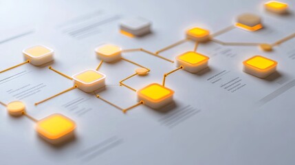 Abstract flowchart with glowing nodes and connections illustrating business process optimization and efficiency.
