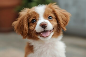 Adorable puppy portrait smiling outdoors in garden for pet product advertising