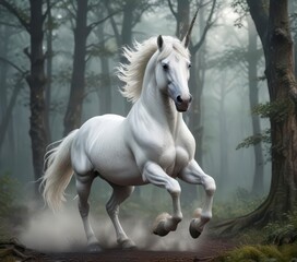 Obraz premium Regal white unicorn stallion galloping through a misty forest, woodland landscape, wild and free, fantasy creature