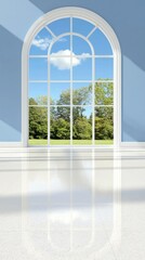 Fototapeta premium A bright room with a large window showcasing a scenic view of trees and blue sky.