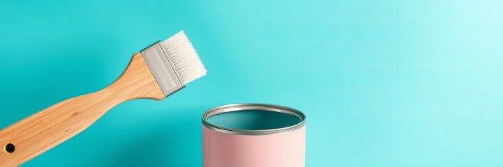Renovation concept brush on cans on blue pastel background, yellow white pink turquoise colors macro, handle, colors, wooden