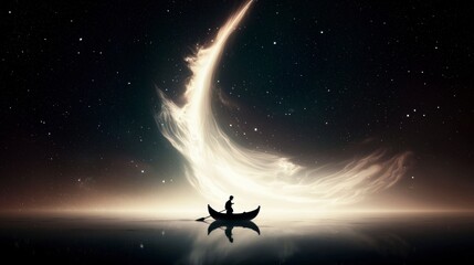 Naklejka premium Solitary Figure Rowing Boat on Cosmic Sea Starry Night Surreal Art
