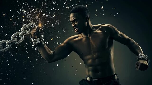 Black strong man braking chains of injustice and discrimination