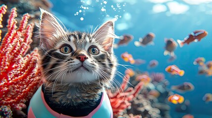 A tabby cat as a deep-sea diver wearing a sleek pastel diving suit Whimsical illustration of a diving cat exploring underwater in pastel gear 