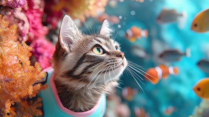 A tabby cat as a deep-sea diver wearing a sleek pastel diving suit Whimsical illustration of a diving cat exploring underwater in pastel gear 