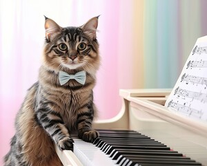 Cat as a pianist a graceful Bengal sitting at a grand A graceful Bengal cat as a pianist sitting at a grand piano Whimsical Bengal cat elegantly poised at a grand piano