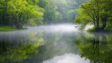 Serene Spring Mist Over Still Riverbank Trees