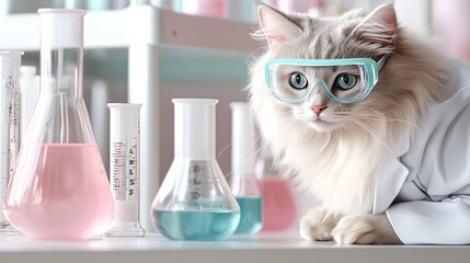 Cat as a scientist wearing a lab coat safety goggles A curious cat as a scientist wearing a lab coat and safety goggles Whimsical depiction of a scientist cat in a lab coat conducting experiments